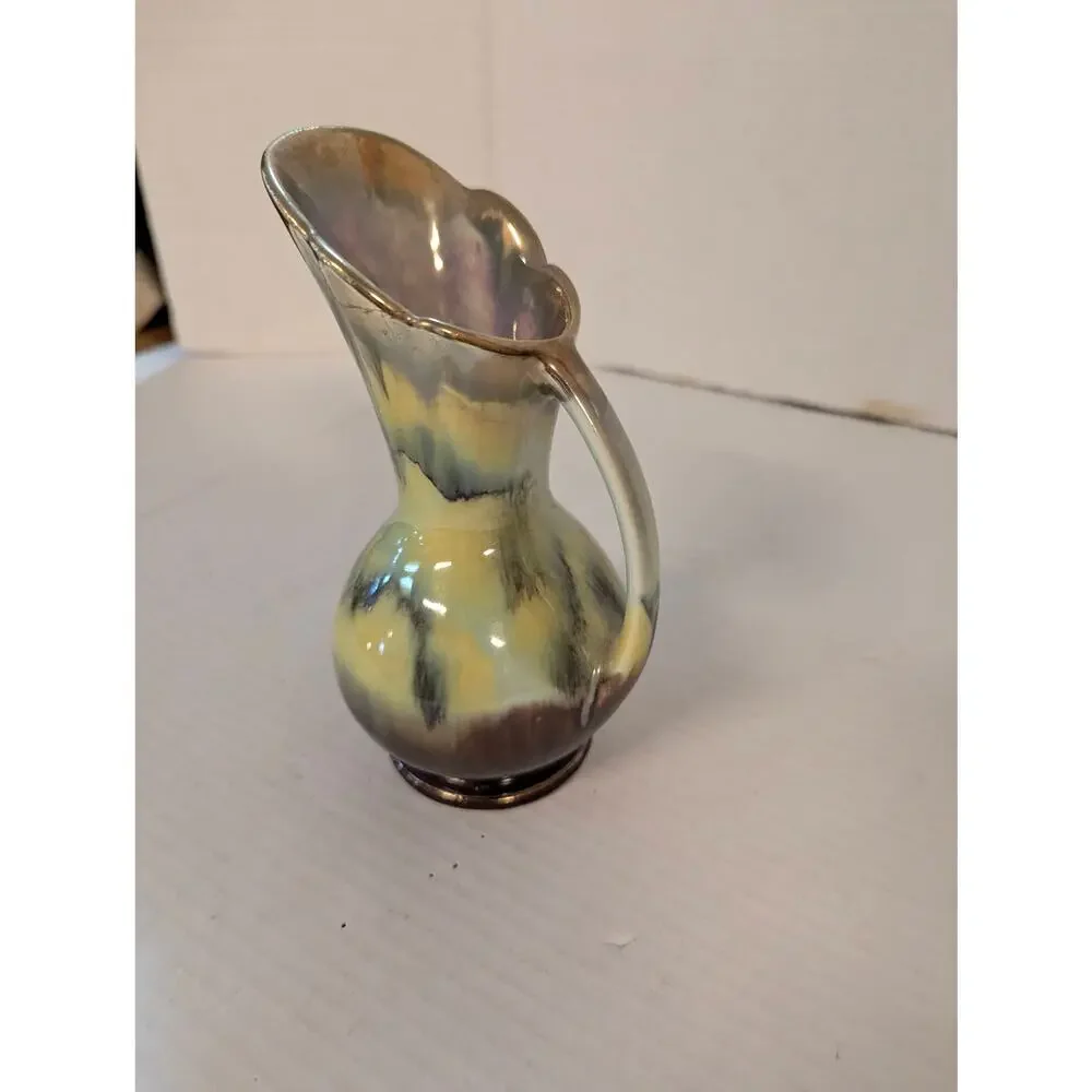 Vintage Art Deco Majolica Pitcher Ewer Vase Yellow Brown Drip Glaze 7" - Picture 6 of 12